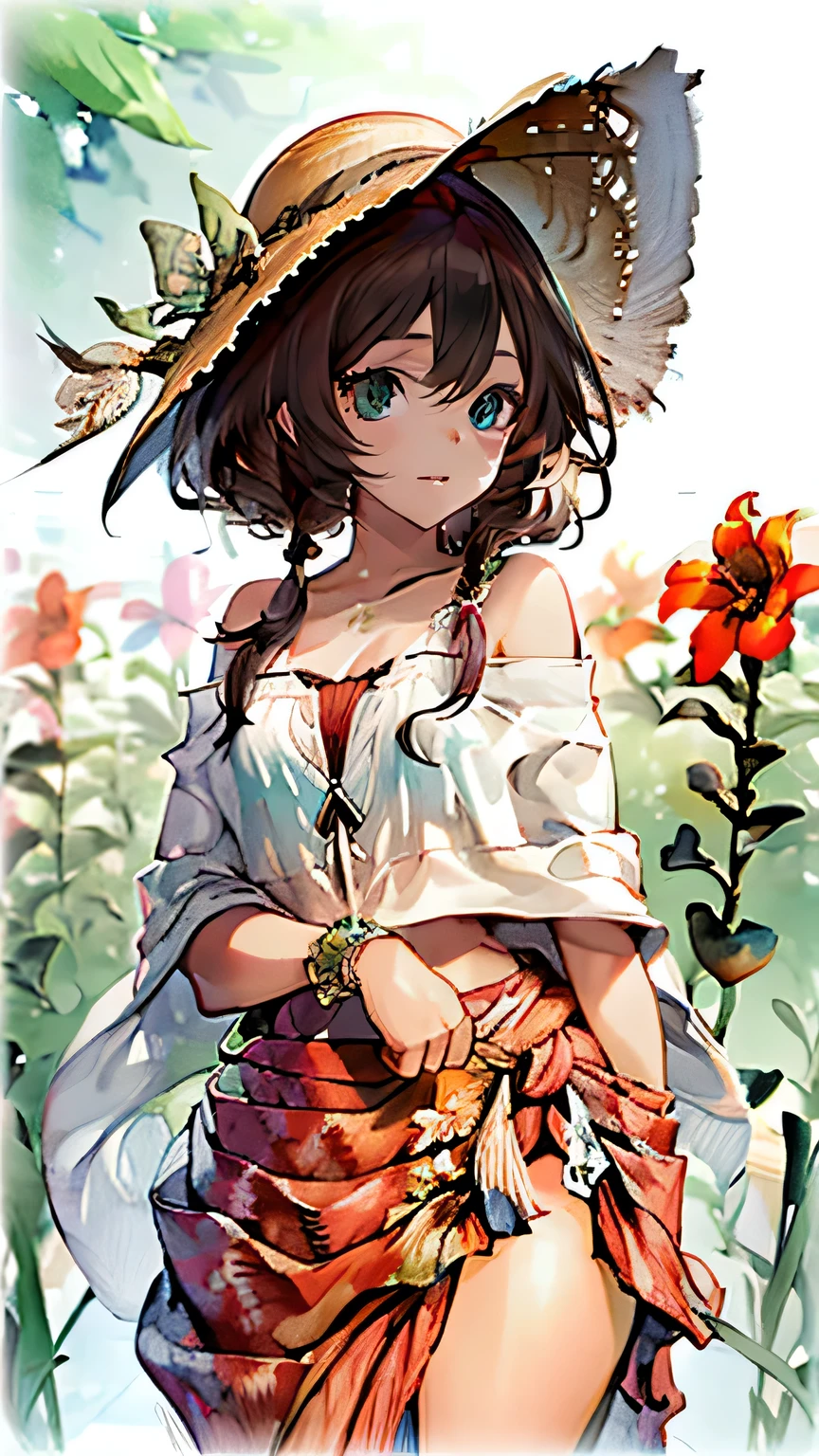 1girl, solo, bed of flowers, (brunette hair:1.2), (hazel-green eyes), almond shaped eyes, dark brown  wavy hair, narrow shoulders, broad hips, thick thighs, anime masterpiece, soft lighting, intricate, highly detailed, pixiv, anime art, 4k,  garden of words style art, high quality, pastel water colors, watercolor anime art style, (( shawl, sarong, straw sun hat))