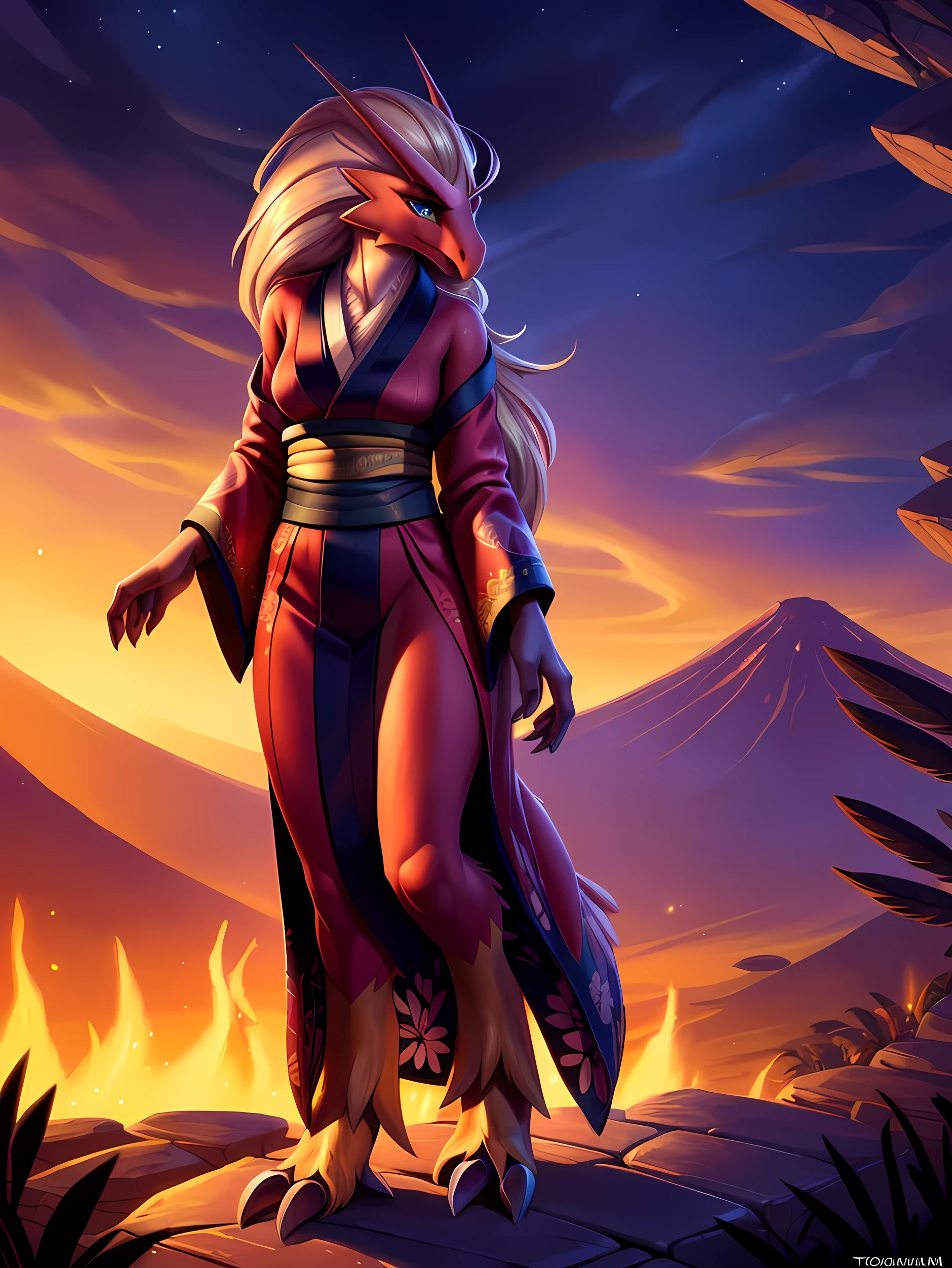 uploaded on e621, ((Blaziken)) by Pixelsketcher, by Bayard Wu, by Thomas Benjamin Kennington , by Einshelm, anthro, ((portrait)), BREAK, ((kimono:1.2)), wearing a kimono, long flowing kimono, red kimono, fire design on kimono, full body kimono)), (detailed Bonifasko lighting), (detailed feathers), (detailed fur), (female Blaziken), BREAK, ((long flowing hair)), ((facing viewer)), (cinematic lighting), ((detailed background)), ((upper body portrait view)), (((portrair view))), (half body shadow), [backlighting], [crepuscular ray], [detailed ambient light], [gray natural lighting], [ambient light on the belly], (higher wildlife feral detail), [sharp focus], (shaded), ((masterpiece), medium breasts, furry Blaziken, bird face, furry Fantasy Art, furry Art, Commission for High Res, anthro Art, POV furry Art,Sakimichan beautiful, masterpiece, best quality, detailed image, bright colors, detailed face, perfect lighting, perfect shadows, perfect eyes, girl focus, blue eyes, flawless face, face focus, long flowing kimono, bird girl, feathers, feathers woman, large long muzzle, colorful feathers, gaze at the viewer, half-closed eyes, 1girl, full body, (masterpiece:1.21), (best quality:1.2), (illustration:1.2), (cinematic lighting:1.3), detailed fur, balanced coloring, global illumination, ray tracing, good lighting, feathers, anthro, looking at viewer, (standing outside, in volcano, fire and snoke, woman looking at viewer, woman looking at camera, fire in open hands, in a fighting pose, wearing red kimono