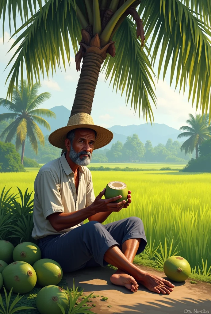 Male Malay farmer, sitting in the rice field house, smile, smoking, there is coffee , yellow rice background, there is Mount Merbabu behind, original