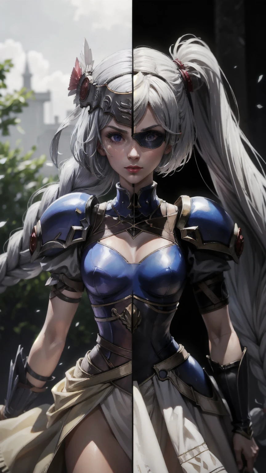 Highly detailed, High Quality, Masterpiece, beautiful,
BREAK 1girl, cowboy shot SplitScreen, split screen, "2B", short black skirt, black blindfold, white hair, (short bob cut), BREAK 1girl, cowboy shot, SplitScreen, split screen, "Lenneth", blue plate armor, winged helmet, long white hair, (single braid),LennethVP, armored dress