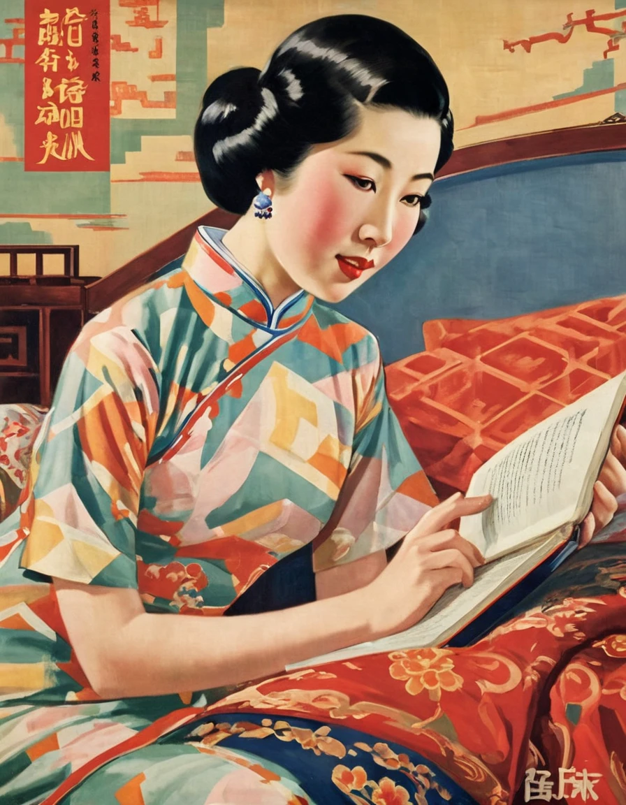 Highest quality、masterpiece,Retro image of a Chinese poster from the 1930s,(oil painting style:1.2),1 Chinese woman,(geometric qipao:1.3),Lying on a luxurious bed reading a book,close-up