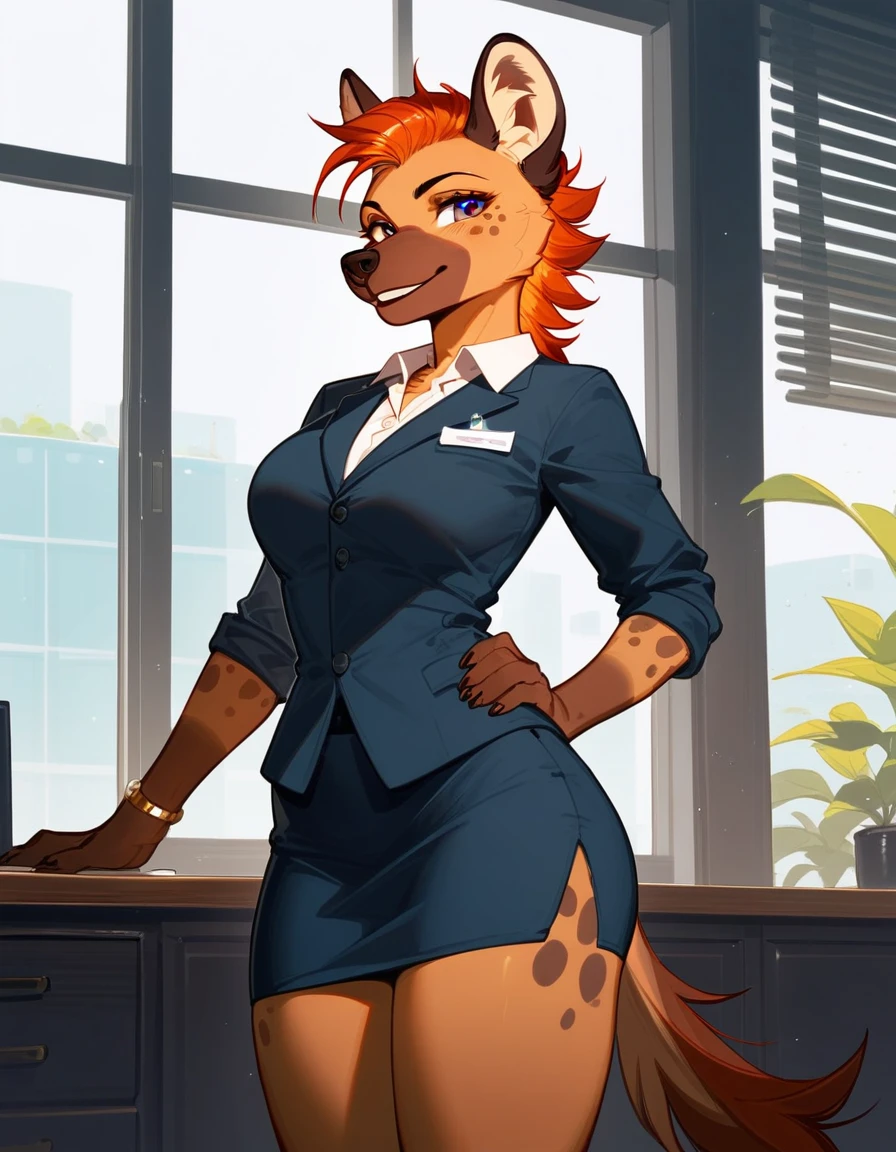 Solo, score_9,score_8_up,score_7_up, female anthro hyena, wearing secretary clothes, fit body, hourglass figure, she is standing, coy smile, (thick thighs:1.1)