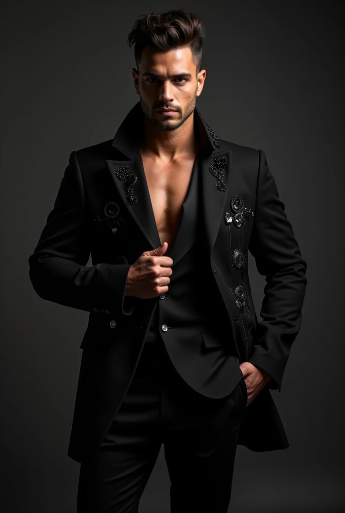 Real photo men&#39;s beauty fashion modern black clothing glamor luxury show haute couture latin man athletic sparkle stones 