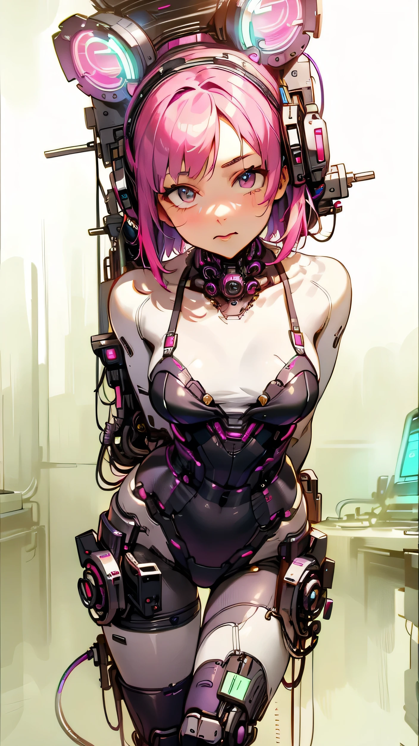 girl in white athletic swimsuit with short pink hair tied up, pezones chiquitos, posando de frente con una mirada provocadoy sonriendo , blue eyes and barcode tattoos, It is inside a cybernetic futuristic laboratory, the girl has small android parts made of plastic steel and glass, grandes senos, tiene una mirada hacia arriba y tiene cicatrices en todo el cuerpo, esta posando de una manera provocadora de perfil mostrando el trasero, en el laboratorio se ven herramientas cables, cyber punk, cuerpo completo, alta definicion,muchos detalles, la manos atras
