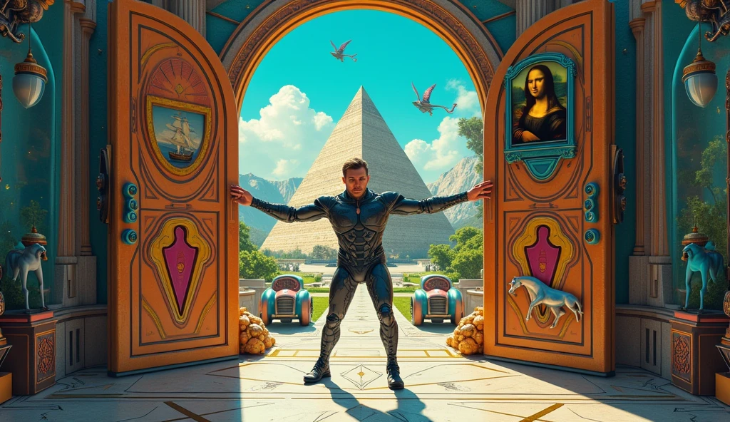 cinematic photo a man, ((full body)), with a mask in a superhero suit and cape, in a 80s egypt pyramids background<lora:Ozymandias1024-000450:0.8> . 35mm photograph, film, bokeh, professional, 4k, highly detailed