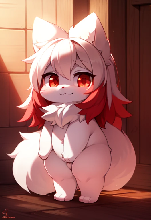 Nsfw, fell, katze, white hair, red eyes, flauschig, furry, girl, Barefoot, fell, cute Cat girl, cute grin, sharp teeth, furry tail, sitzt auf einem tisch, Hole body, rote katzenohren