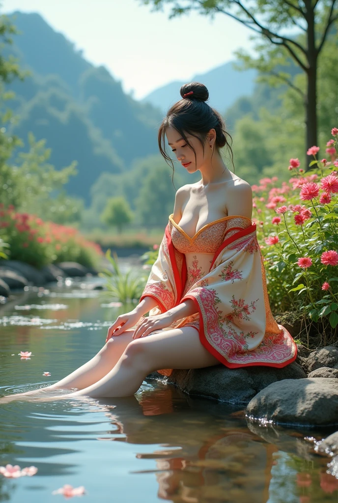 A beautiful slender thin exquisite naked girl with a perfect exquisite face with red hair with tender breasts with tender nipples barefoot drinks coffee on the veranda of the house under the blooming sakura and looks dreamily at the flowers, in a gentle watercolor style, Discreet shades, sfumato, haze, diffused dim light, delicate mint shades, imitation of film photography