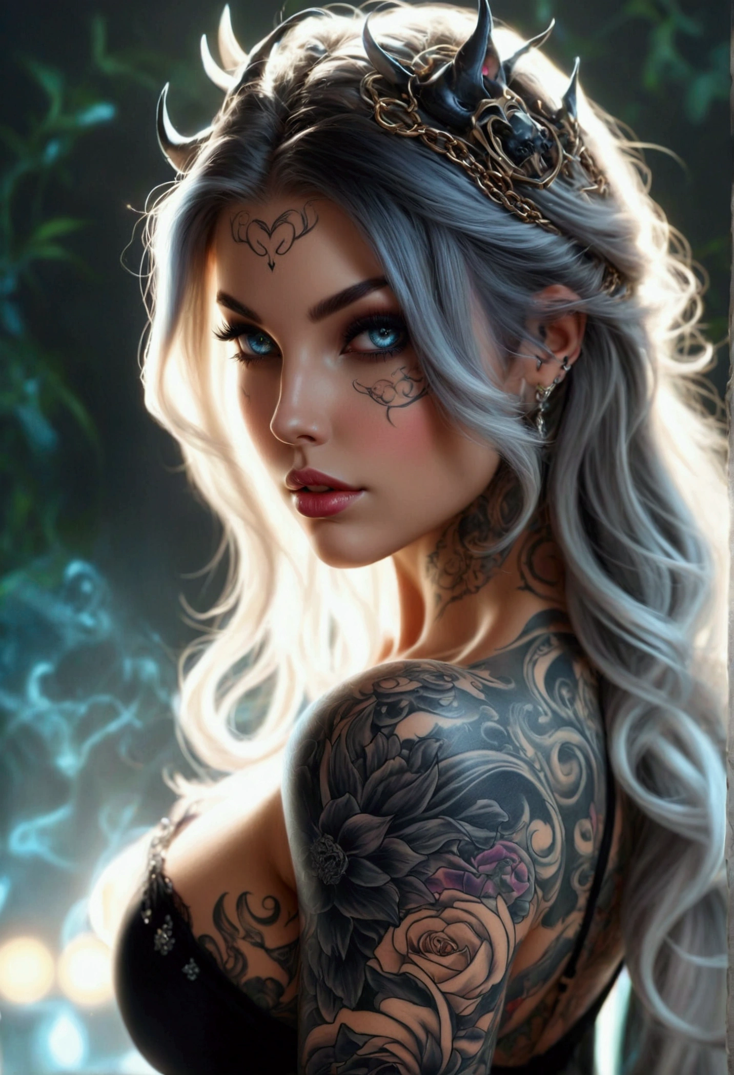 a woman with elaborate tattoos, detailed facial features, flowing hair, beautiful eyes, full lips, dramatic lighting, moonlight, photorealistic, masterpiece, high quality, ultra-detailed, 8k, hyper realistic, cinematic lighting, sensual, voluptuous figure, intricate tattoo designs, beauty, ethereal, mesmerizing