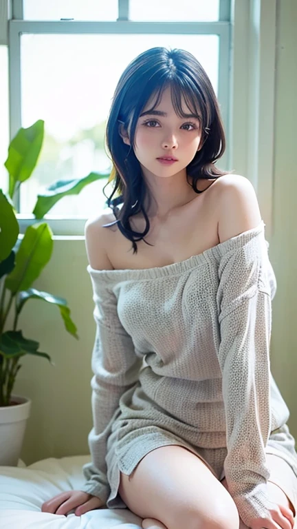 (Photorealism:1.2), Beautiful woman, Sitting on the bed, She was wearing a loose off-the-shoulder top., Pajamas, Long curly hair, indoor, Soft lighting, Background plants, A window with sunshine, Comfortable room, relaxed poses, Practical, Intricate details, Warm colors, 