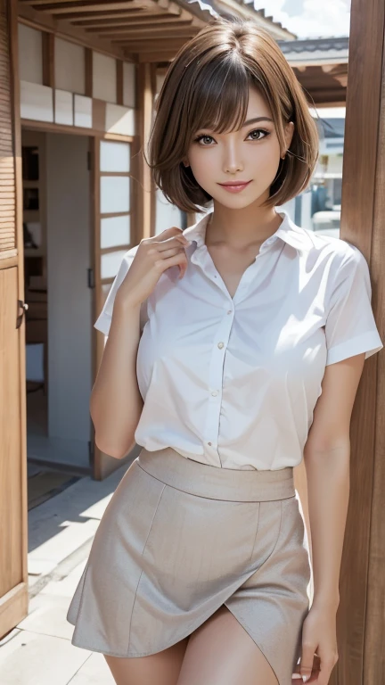 product quality, 1 girl, a cowboy shot, front view, a Japanese young pretty girl, bob hair, standing in front of her closet, glamorous figure, wearing a long length and short sleeves silky white collared shirt with collared over a silky under wear, a big smile, hyper cute face, glossy lips, double eyelids for both eyes, natural makeup, shiny smooth light brown bob hair, asymmetrical bangs, tanned skin, central image, high resolution, high detailing, detailed hairstyle, detailed face, cinematic lighting, octane rendering, vibrant, hyper realisitic, perfect limbs, perfect anatomy