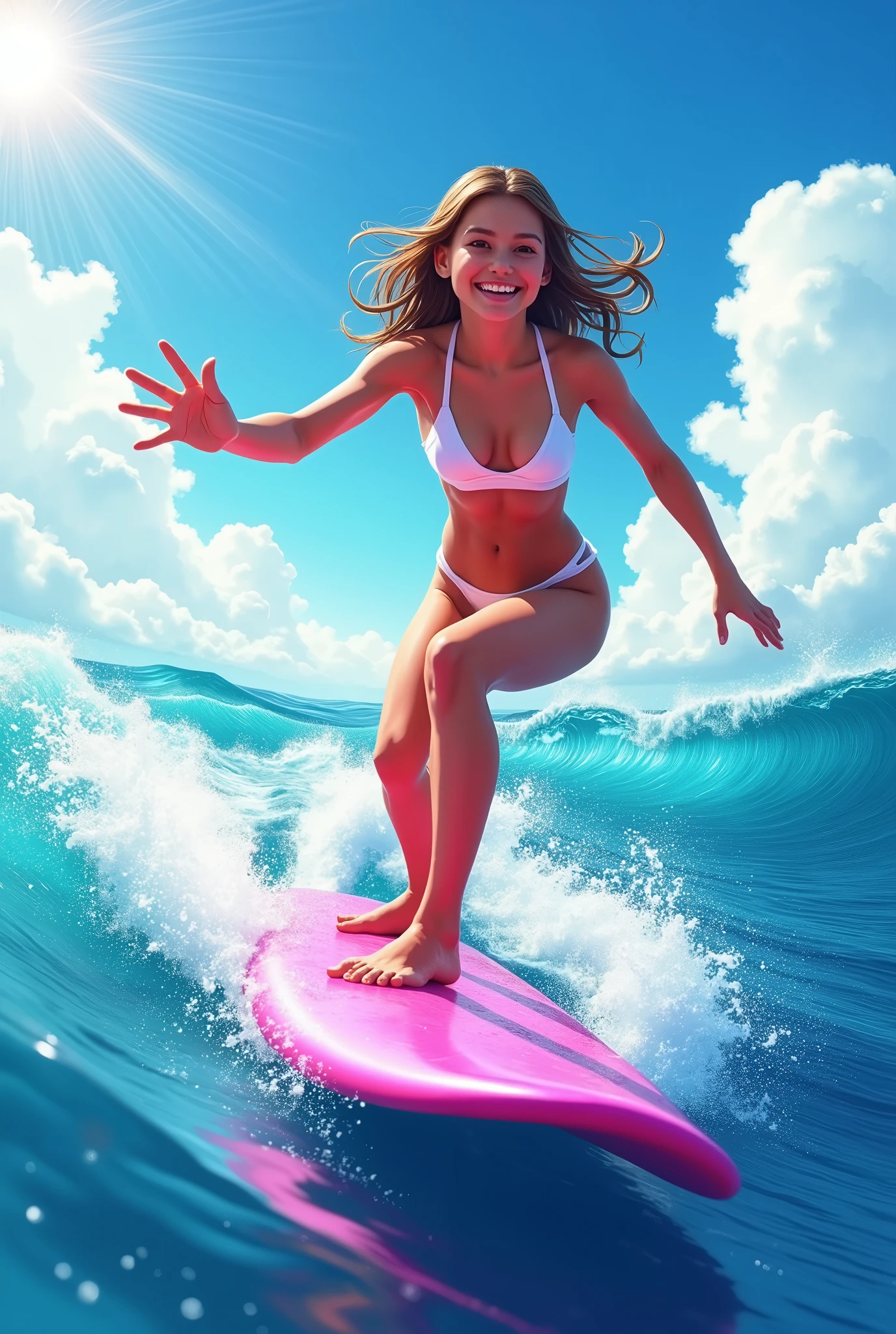 A girl playing with penguins, a sunny beach, surfing, illustrations, vibrant colors, best quality, realistic, detailed eyes, beautiful lips, playful atmosphere, joyful expression, flowing beach dress, surfing board, waves, palm trees, warm sunlight, cool sea breeze, sandy beach, happy penguins, water splashes, clear blue sky, summer vibes, endless horizon.