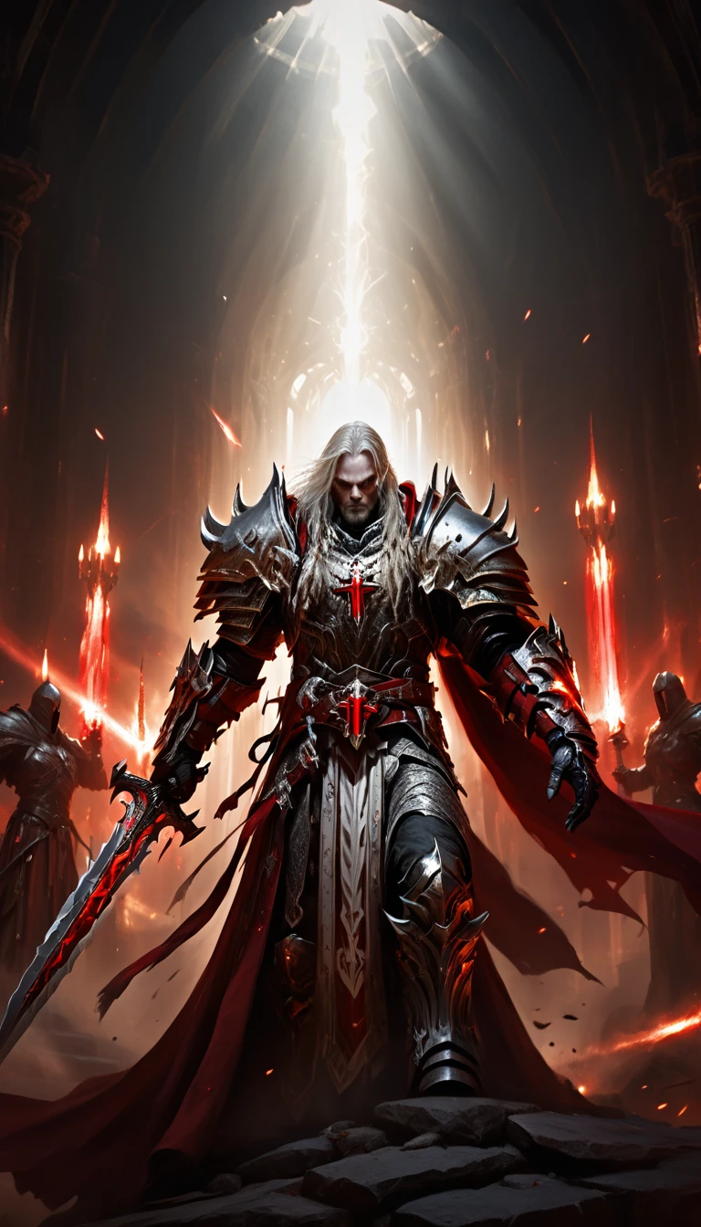 Masterpieces, male, Holy white paladin, (white armor), Action style shot, in a vampire castle, dark souls and elden ring style red. (no undercloth), holding a sword in one hand and a sword in the other, Glowing red colored Christian Cross on breastplate, (Battle Priest in a warframe and halo style armor holding two swords with radiant red light, emanating potent gold light magic.), (red half cape), (action shot: walking through dark vampire castle both swords out), (white, red and gold color scheme), (5 red gems on belt), (holy light magic effects), white and red tabard, centered, full body shot fighting, sci-fi knight, Halo master chief, vibrant colors, visible figure joints, cinematic shot, volumetric lighting, intricate pattern detail, highly detailed
