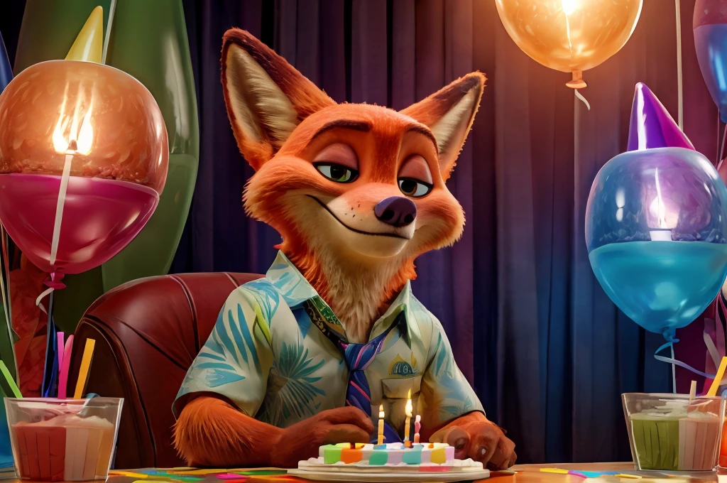 high resolution,8k,Vibrant colors,Official Art,Celebrate a birthday,nick wilde,Birthday cake,Birthday Party,Aloha Shirt,