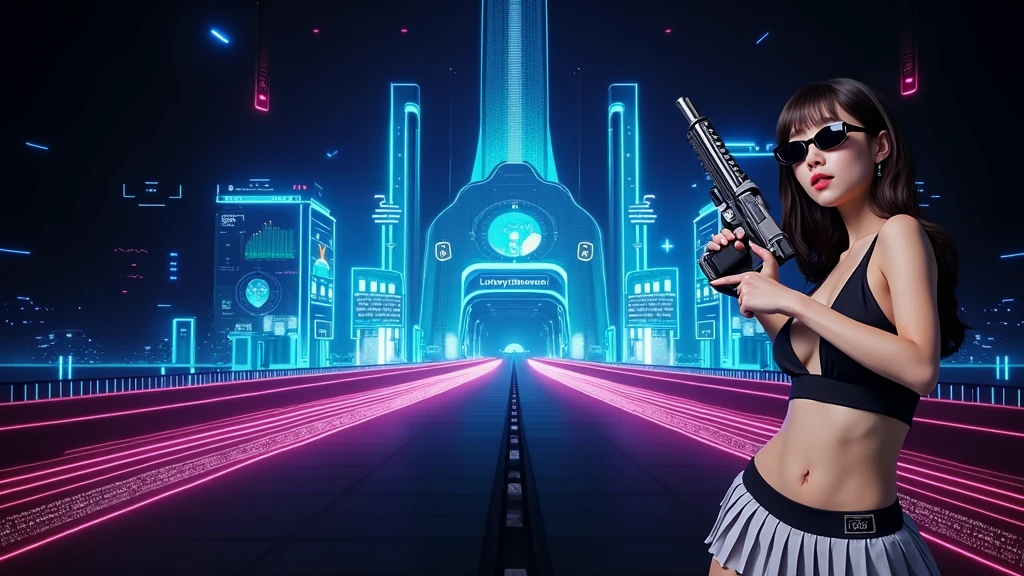 Futuristic cityscapes with colorful all-glass towering skyscrapers, flying vehicle. High-resolution OLED GUI interfaces in the building, The windows are filled with transparent data visualization infographics that show it all, from weather patterns to traffic flow. Colors are saturated and vibrant. At night, (1girl, solo, alone), medium-breast slim:0.6 body, oval:0.5 face, cleavage:1.1, sexy black laced bra, miniskirt, white laced panty, coat, (black micro sunglasses), (holding a short gun), (slightly leaning forward running pose), (half-body thigh level medium shot), cinematic lighting, ray tracing.