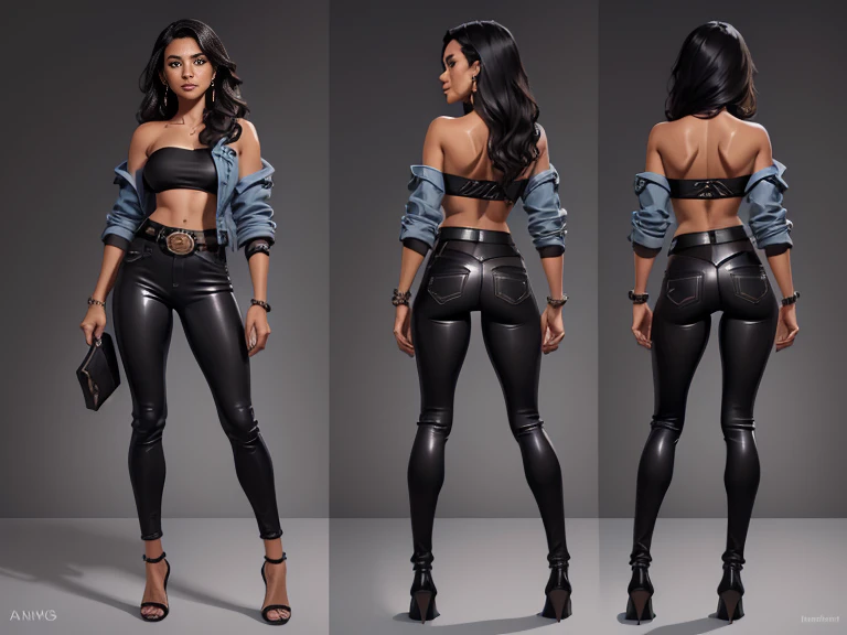 (A beautiful 24yo mixed race Guatemalan-Navajo Female with Short Wavy Black Hair), (Beautiful woman), (Detailed face), (Wearing opened blue jacket, black strapless top, black leather pants, belt and heels), (Tanned Bronze Skin), (Athletic Physique), full body shot, (Character Concept Art), (Grey Background:1.4), (Character Sheet:1.6), Character Sketch, Stylized Digital Arts, Bits of Color, Masterpiece, Hand Drawn Sketch, (Realistic Drawing:1.4), High Detail, (Mix of Bold Dark Lines and Loose Lines), Bold Lines, Writings, Gritty, Intricate Artwork, 8k
