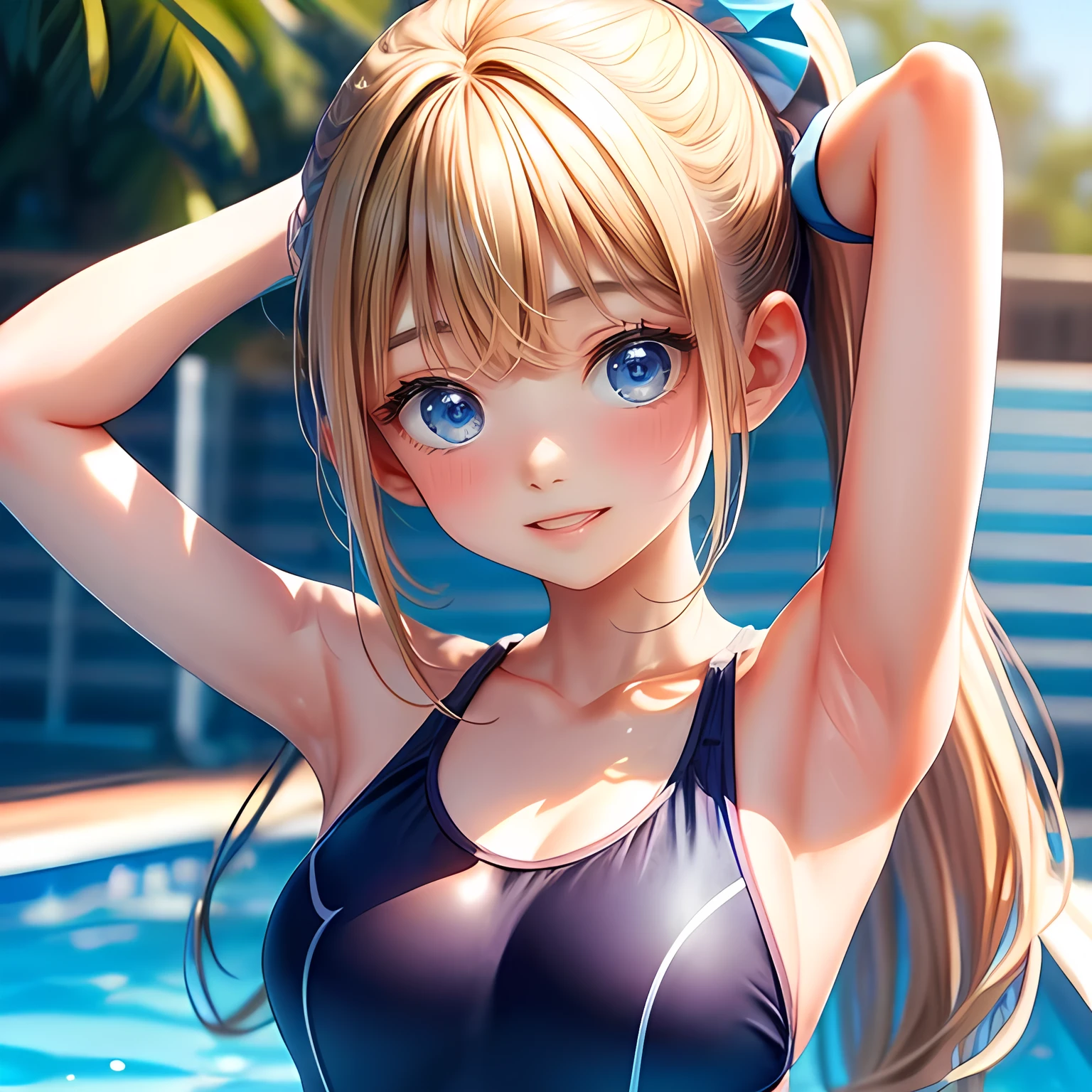 (Perfect Anatomy, Balanced ratio, very cute illustration:1.1), Poolside, Open your mouth、blonde, blue eyes, Wavy long hair, ponytail, Half-cut bangs,(Beautiful breasts、Saggy breasts)、 (Place your arms behind your head, Underarm),  (Embarrassing), (Gorgeous idol costume swimsuit with attention to detail), Baby Face, (girl:1.5), (Cute round face),