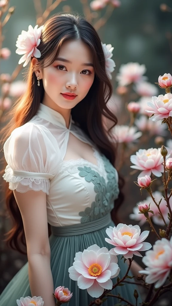 (8k, RAW Photo, Best Quality, Masterpiece: 1.3), Super Real, Masterpiece, (NSFW: 1.5), (Photorealistic: 1.2), Sharp Focus, Timeless Charm, Class, Cowboy Shot, 1girl , Vietnamese girl, (light blue see-through lace ao dai: 1.5), (translucent ao dai: 1.5), walking in the flower garden, soft smile, big brown eyes, beautiful even eyes, long black hair , beautiful face, detailed and perfect face, perfect proportions, drop-shaped breasts, bursting breasts, waist, belly button pussy, crotch gap, enhanced round buttocks, shapely and neat buttocks, thighs, sexy soft pose, curved shape, beautiful curves, elegant and bright ao dai, bright roses blooming, intricate patterns, bright colors, paradise of natural beauty, tranquility, gorgeous, elegant, soft light, environment Lighting, beautiful flower field in the background, shallow depth of field, perspective,