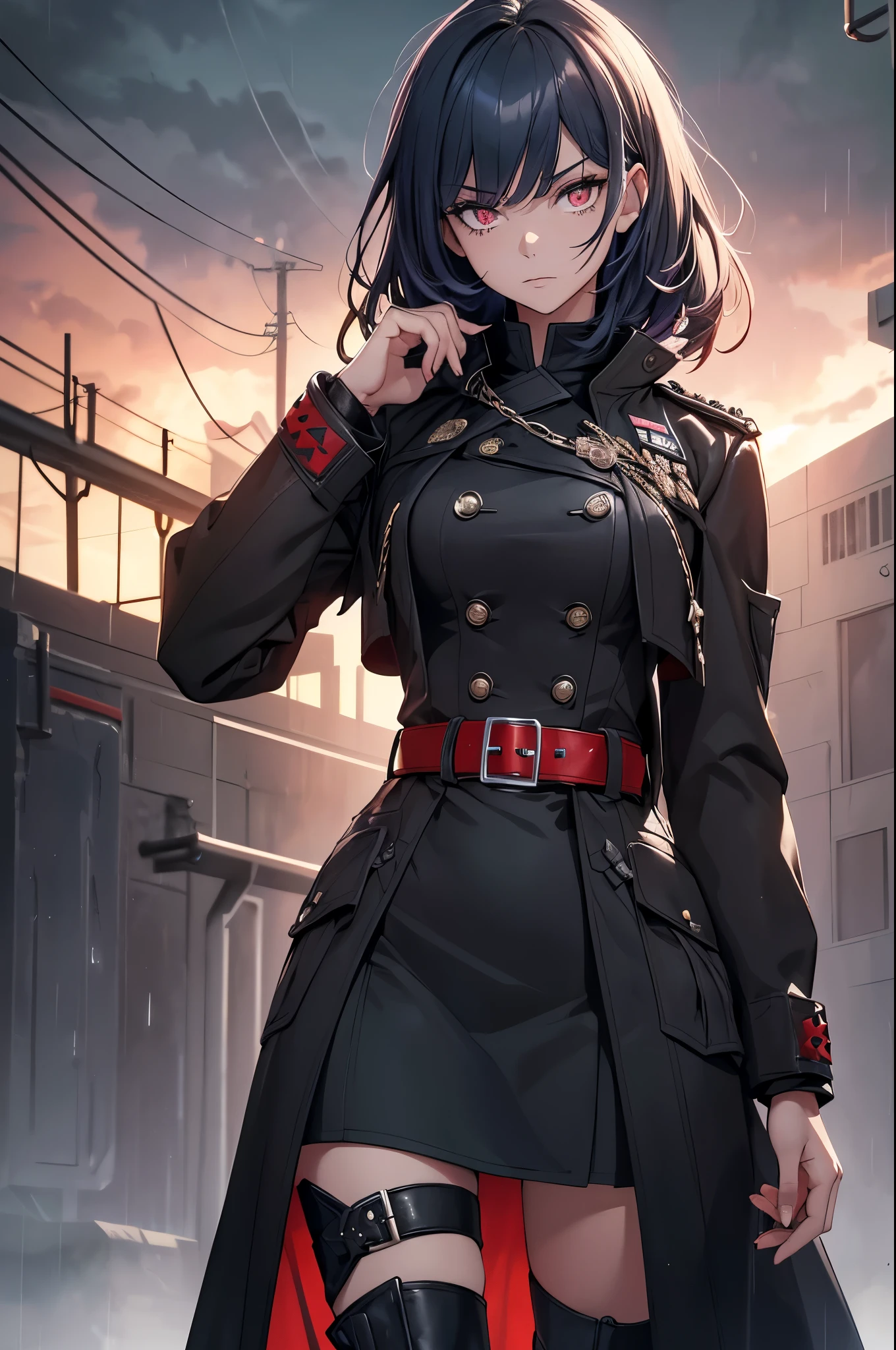 A woman in a black dress and red belt standing in front of a building ...