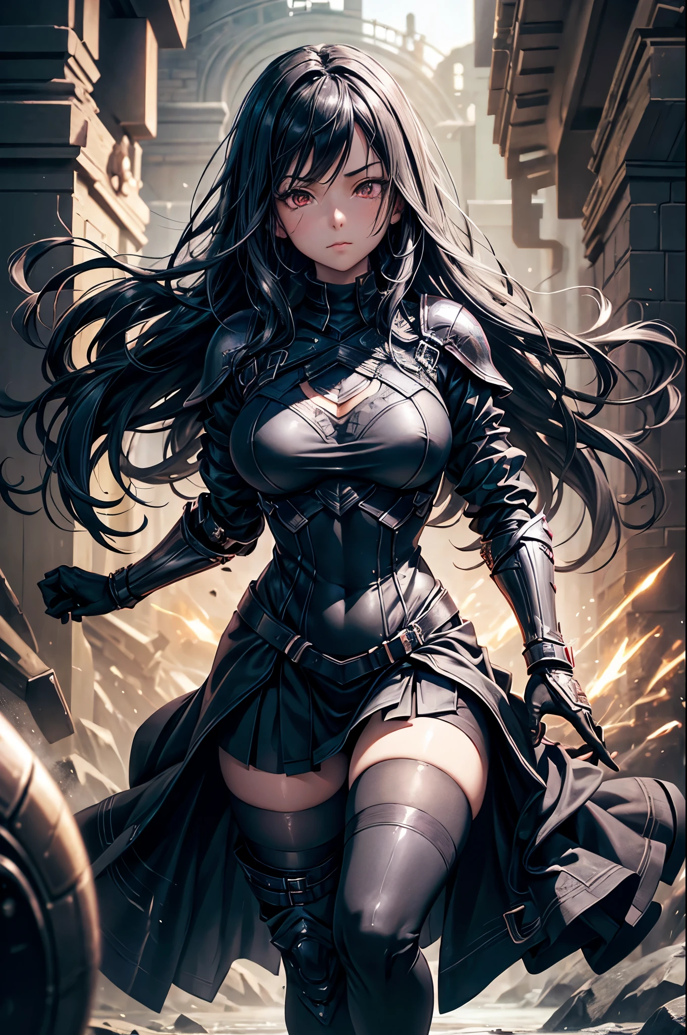 Dark-haired Scandinavian girl wearing half-plate armor and a frilly skirt over a skin-tight black bodysuit, (Long black hair:1.4), Red eyes,Attractive breasts、High resolution (High Dynamic Range), Ray Tracing, NVIDIA, Super Resolution, Scattered under the surface, Anisotropic Filtering, Written boundary depth ,Maximum clarity and sharpness, Surface Shading, Two-tone lighting