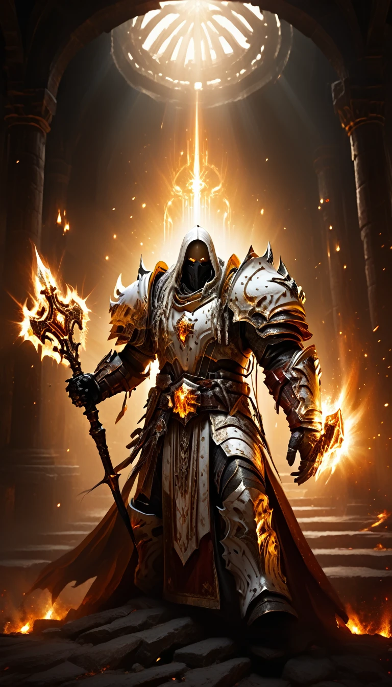 Masterpieces, male, Holy white paladin, (white armor), Action style shot, in a vampire castle, dark souls and elden ring style red. (no undercloth), holding a spear in one hand and a shield in the other, Glowing amber colored Christian Cross on breastplate, (Battle Priest in a warframe and doom style armor holding a spear and shield with radiant amber light, emanating potent gold light magic.), (amber half cape), (action shot: walking through dark vampire castle), (white, amber and gold color scheme), (5 amber gems on belt), (holy light magic effects), white and amber tabard, centered, full body shot fighting, sci-fi knight, Halo master chief, vibrant colors, visible figure joints, cinematic shot, volumetric lighting, intricate pattern detail, highly detailed