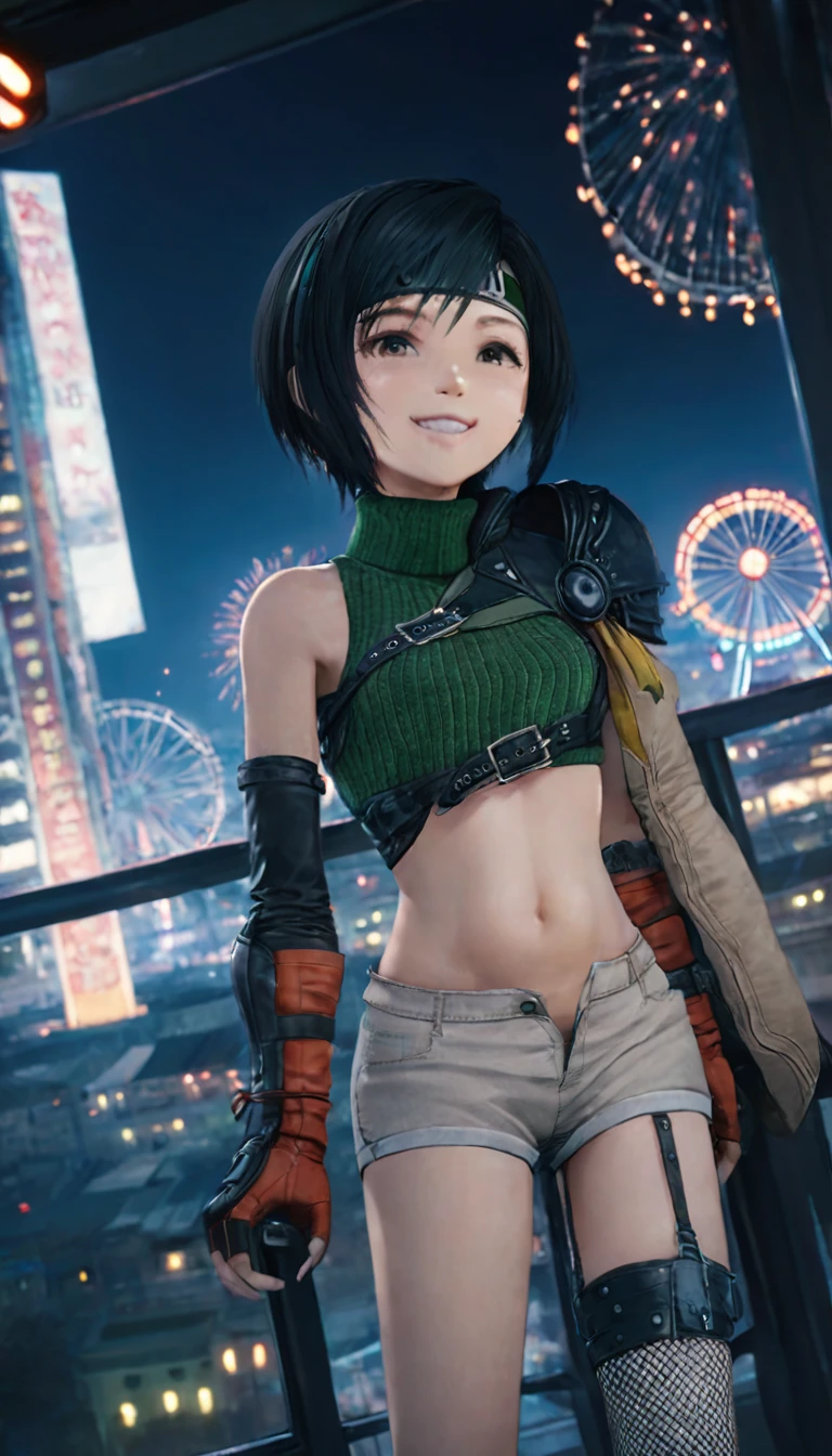 
(fireworkが打ち上がる)、(On the Ferris wheel at night)、(grin)、yuffie kisaragi, a distinctive character from the game world of Final Fantasy, 前かがみになって、顔を近づける、((Angle from below)), 赤い頬、known for her black hair and brown eyes. She sports a short pixie cut and is dressed in a crop top, fingerless gloves, fishnet stockings and a forehead protector. Her style is unique with sleeveless turtlenecks and short shorts that expose her belly button. (チラッと見える赤いパンティ)、A headband completes her outfit, while single thigh-high socks and gloves complement her sleeves. Her look is completed with a sleeveless turtleneck and thigh highs. The depiction of Yuffie is presented as a masterpiece of the highest quality in an exceptionally high resolution of 8K. Her eyes are particularly highlighted, with beautiful, detailed features that enhance her hyper-realistic appearance. Both her face and body are extremely detailed, with every facet of her anatomy carefully crafted, including perfect hands and anatomy. The scene shows Yuffie in a typical cowboy shot, looking directly at the viewer. The image is placed indoors, with the lighting perfectly adjusted to bring out its details to the fullest. The overall presentation of the image is an homage to the character and his defining features, brought to life through the illustration in stunning quality and detail, kissing, (covered nipples), thighs, (On the Ferris wheel at night)、(firework)、