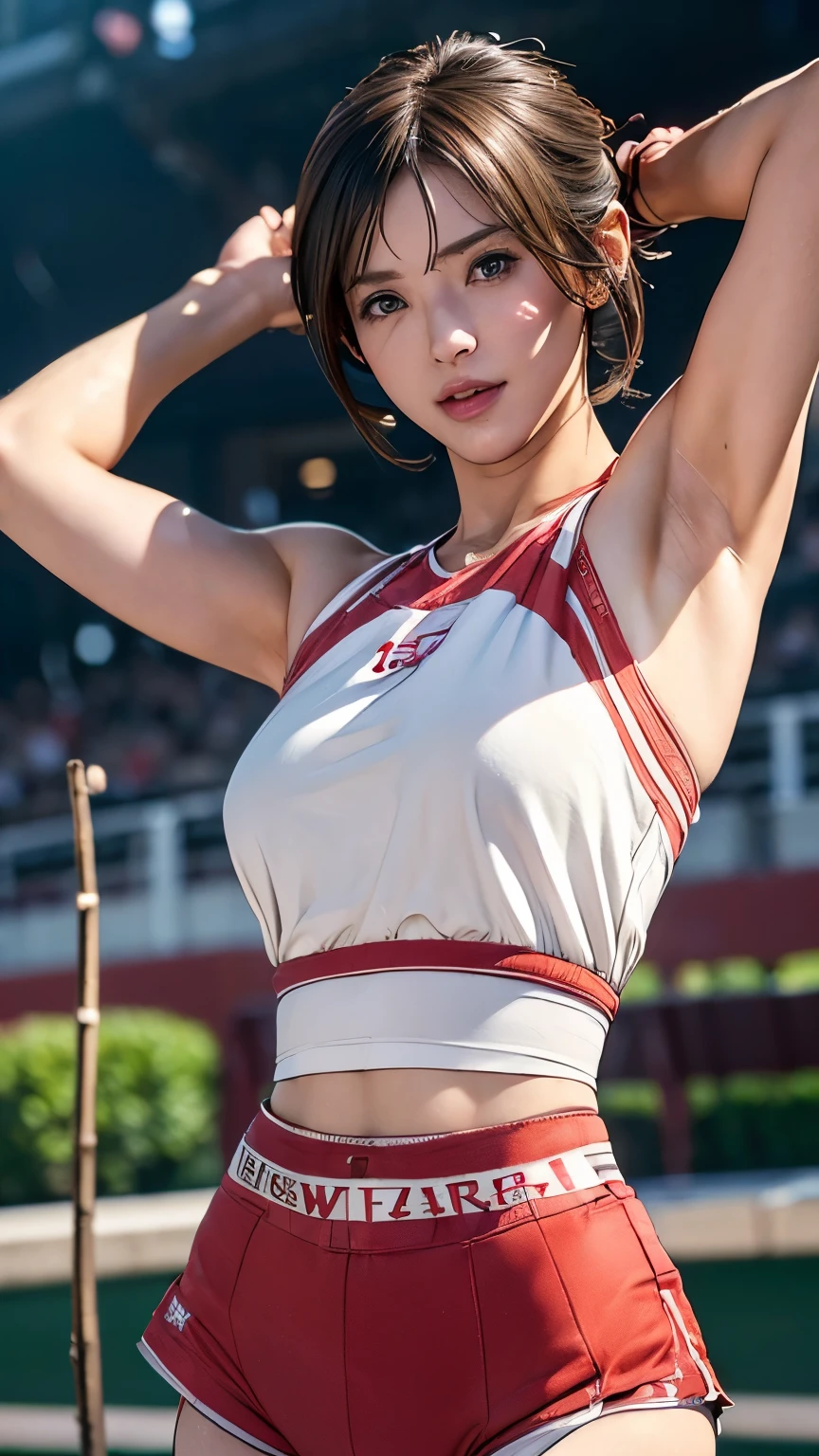 8k, masterpiece, RAW photo, best quality, photorealistic, extremely detailed CG unity 8k wallpaper, Depth of field, Cinematic Light, Lens Flare, Ray tracing, (extremely beautiful face, beautiful lips, beautiful eyes), intricate detail face, ((ultra detailed skin)) 1girl, full body, big breasts, in the dark, deep shadow, pretty korean girl, kpop idol,(very slim slender fit-muscled body), ((looking at viewer)),(big smile), (fashion city night, (neon sign), (blurry background), midnight, (vacant city), (without people in the background), pretty korean girl, white diamond earrings, dia bracelets, dia necklace, clear eyes, walking , front shot, (pale skin), face forward, (big eyes), ((upper body shot)), (baseball cap), ((red color leggings)), (camel toe, shape), ((T-shirt, that say TURN BACK CRUME)), (ponytail) (looking at viewer), ((smile))