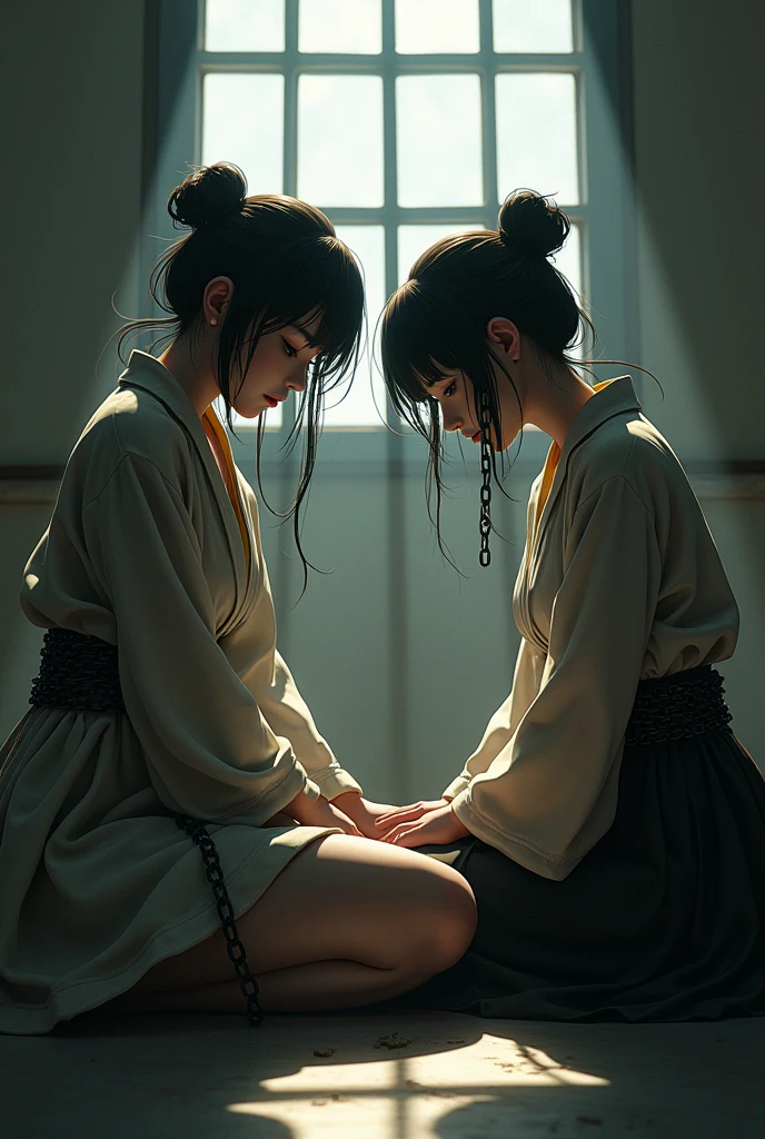 ((2 girls)), bound, bondage, bound together, low lighting, bondage, girls, slaves, frightened, basement, cold light, high contrast