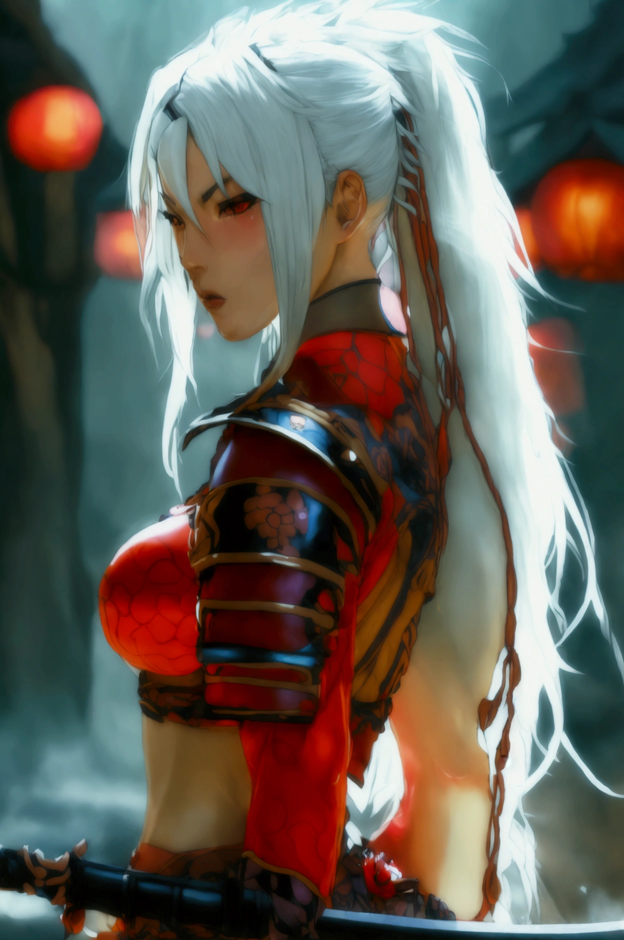 samurai woman, sexy and slim,(busty)(huge breasts)(huge legs)(Wide hips)(small waist) taking out a katana(long tentacles coming out of the back)(very muscular physique)(four arms). With very long white hair, with red eyes,