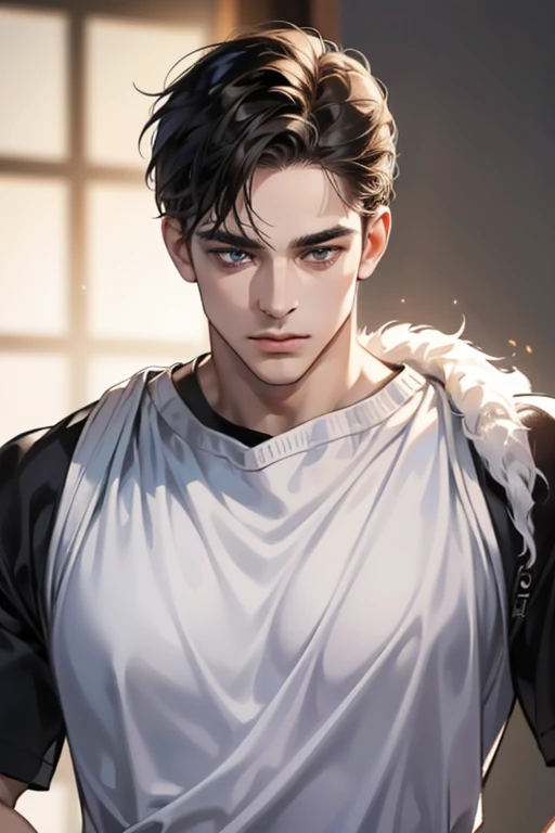 (Best quality,4K,8K,a high resolution,masterpiece:1.2),ultra detailed,(realistic,photorealistic,photo-realistic:1.37),39 year old man,Beautiful anime,portraits,strong,masculine,dark hair,Sharp jawline,Mesmerizing eyes,Perfectly styled hair,confident expression,bright colors,dynamic lighting,Brown eyes,(Black T-shirt),(dark skin),((mature man, man 40 years old)), (square jaw)