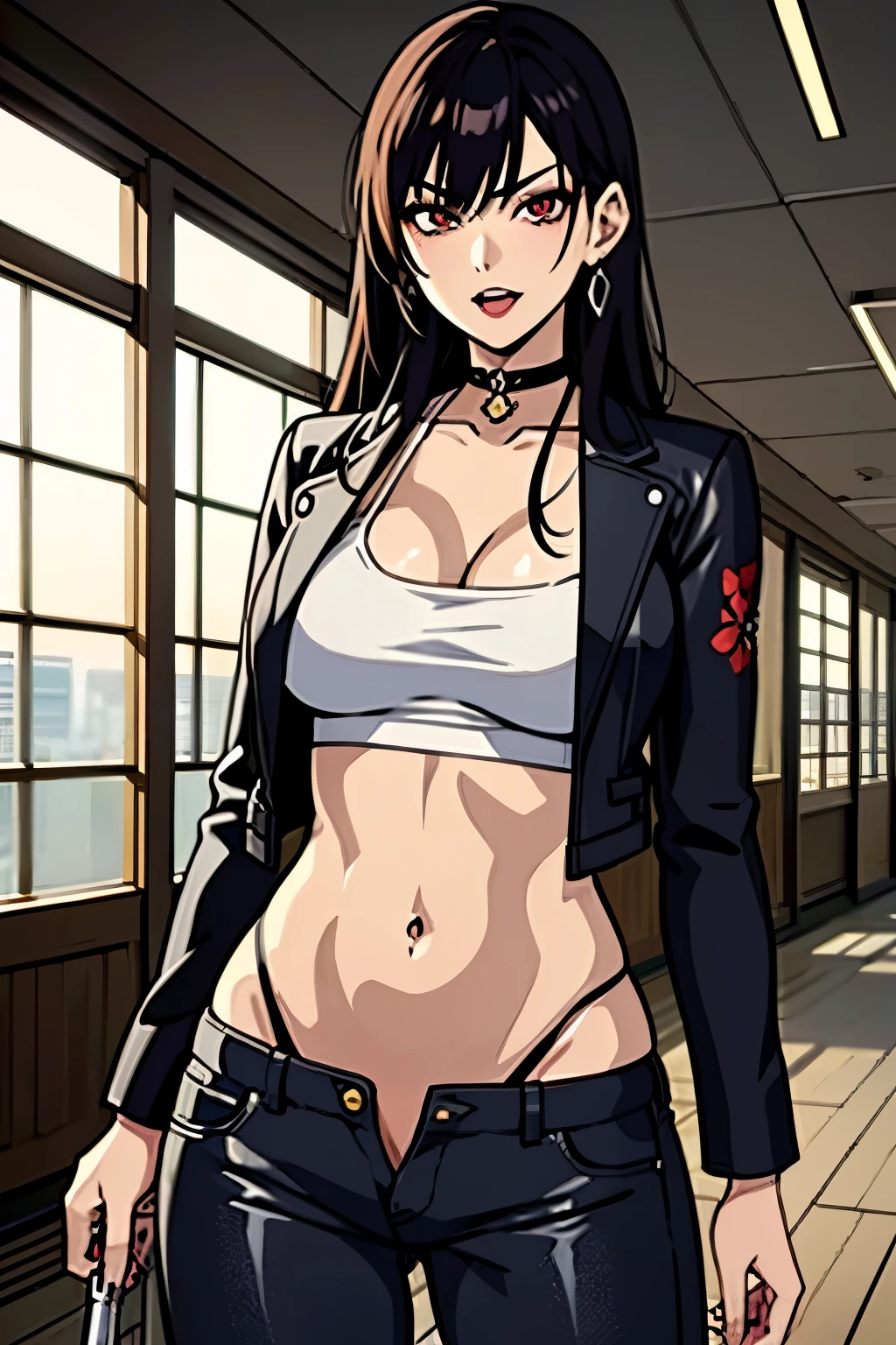 KozonoNami, long hair, black hair, yellow eyes,black hair,  evil smile, blush, lipstick, Hot girl, baddie, staring, glaring, bad attitude, mean girl, dare, angry, hate, crazy, smoking, sensual, attractive, mall, shopping center,indoors , masterpiece, best quality, highly detailed, a girls with a gun, evil smile , open mouth, sexy gaze, badass
pose , evil smile, smile, (nsfw) not safe for work, guns blazing, anime girl with long hair, beautiful long
haired girl, navel, evil expression, exposed belly, exposed navel, exposed midriff, exposed lower belly,
long black pants, crop top, cleavage, unbuttoned leather pants ,open fly, low rise black leather pants,
leather jacket, holding a gun, holding pistol