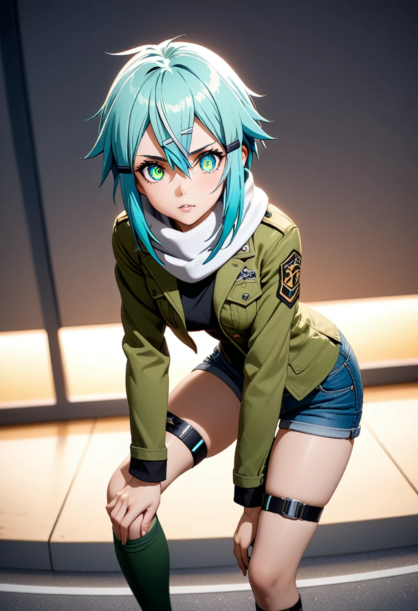 masterpiece, best quality, highres, 1girl, sinon1, scarf, long sleeves, short shorts, hair ornament, hairclip, green thighhighs, green jacket, thigh strap, hand on hip, leaning forward, :i, outdoors, hand on own knee, full body, BREAK indoors, BREAK classroom, BREAK (masterpiece:1.2), best quality, high resolution, unity 8k wallpaper, (illustration:0.8), (beautiful detailed eyes:1.6), extremely detailed face, perfect lighting, extremely detailed CG, (perfect hands, perfect anatomy)