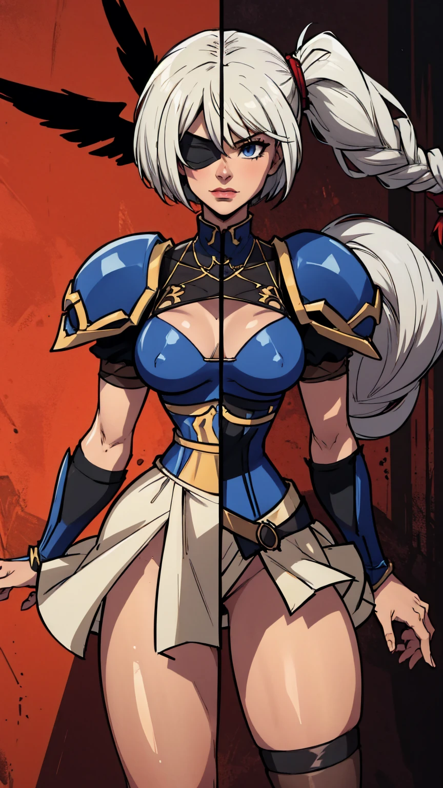 Highly detailed, High Quality, Masterpiece, beautiful,
BREAK 1girl, cowboy shot SplitScreen, split screen, "2B", black micro skirt, black corset top, black blindfold over eye, white hair, (short bob cut), BREAK 1girl, cowboy shot, SplitScreen, split screen, "Lenneth", blue plate armor, winged helmet, long white hair, (single braid),LennethVP, armored dress