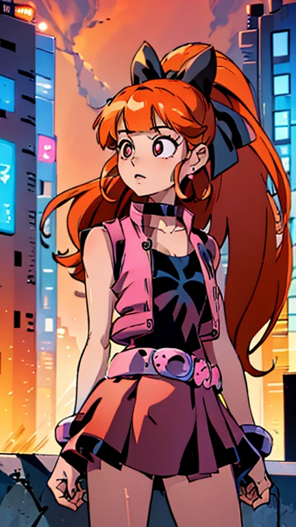 (Teens:1girl: ppgzbs), (extremely detailed CG unit 8k wallpaper),(master part), (best quality), (ultra detail), (best illustration),(city-scene-aso), cowboy shot, (Sharp eyeliner, ombre, detailed eyes:1), night, cyberpunk city, outdoor, ,break , (Ringo! Style), upper body, red eyes, long orange hair, ponytail, hair bow, blunt bangs, earrings, black choker, pink vest, red skirt, belt