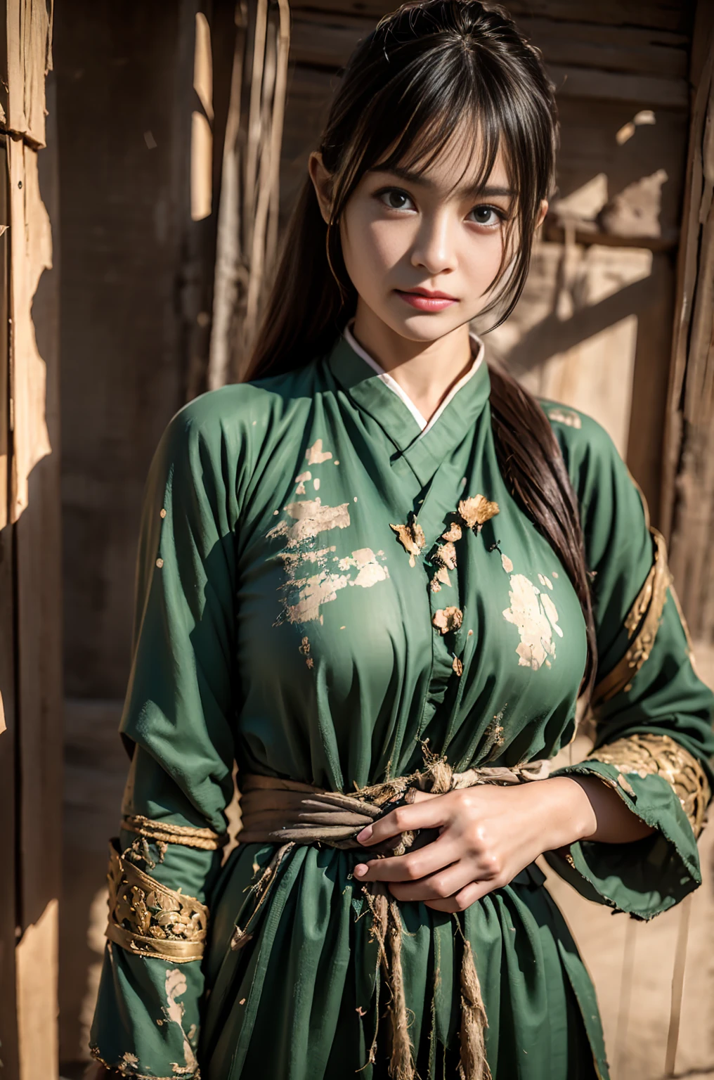 Female guan yu, fantasy theme, beautiful, huge eyes, cute, skinny, small waist, small hip, long straight hair, smaller saggy breasts:1.7, breasts sparred, realistic big breasts, nipples slipped:1.7, gigantic areolae, ancient armor, green and gold armor torn broken, ((intricate torn shirt, extremely detailed torn clothes, burnt clothes)), after battle, lost a battle, fire burning ancient China city, soft lighting, ultra details, realistic skin, masterpiece, 4k