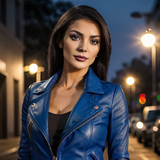 Best quality, realistic, from the front in first person,  on the streets of Los Angeles, (a female mexican Supermodel), (sexy blue leather jacket:1.1), split, seductive smile, (dark hair), (hairstyle:1.0), Perfect eyes, sharp parts, detailed face, face-makeup, cheeks turn red, Eyeliner, eyeshadow, lip gloss, leather pants, boots,  Supermodel, (Deep Focus), (hard lighting), (Night time), (realistic lighting:1.0)Груди, Открытый рот, Челка, Светлые волосы, Конский хвост, Серьги, Высокое разрешение, 