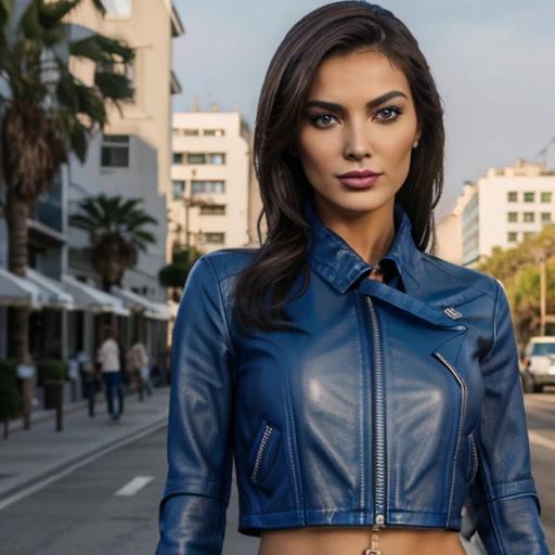 Best quality, realistic, from the front in first person,  on the streets of Los Angeles, (a female mexican Supermodel), (sexy blue leather jacket:1.1), split, seductive smile, (dark hair), (hairstyle:1.0), Perfect eyes, sharp parts, detailed face, face-makeup, cheeks turn red, Eyeliner, eyeshadow, lip gloss, leather pants, boots,  Supermodel, (Deep Focus), (hard lighting), (Night time), (realistic lighting:1.0)Груди, Открытый рот, Челка, Светлые волосы, Конский хвост, Серьги, Высокое разрешение, 