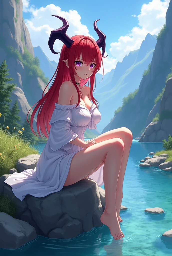 ((ultra realisitic)), ((picture-perfect)), ((face perfect)), ((ultra detaild)), ((fully body)), ((perfectbody)), sensual girl bathing in an onsen on top of an idyllic mountain, silver and red hair, horns around the head, malicious, haughty, best qualityer, fully body,  ((naked in a towel))