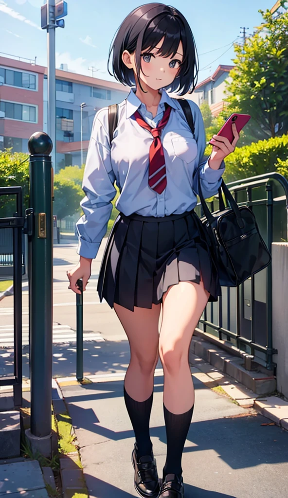 School,school gate,One beautiful girl,Have a smartphone,Pleated skirt,Black socks,Short black hair,