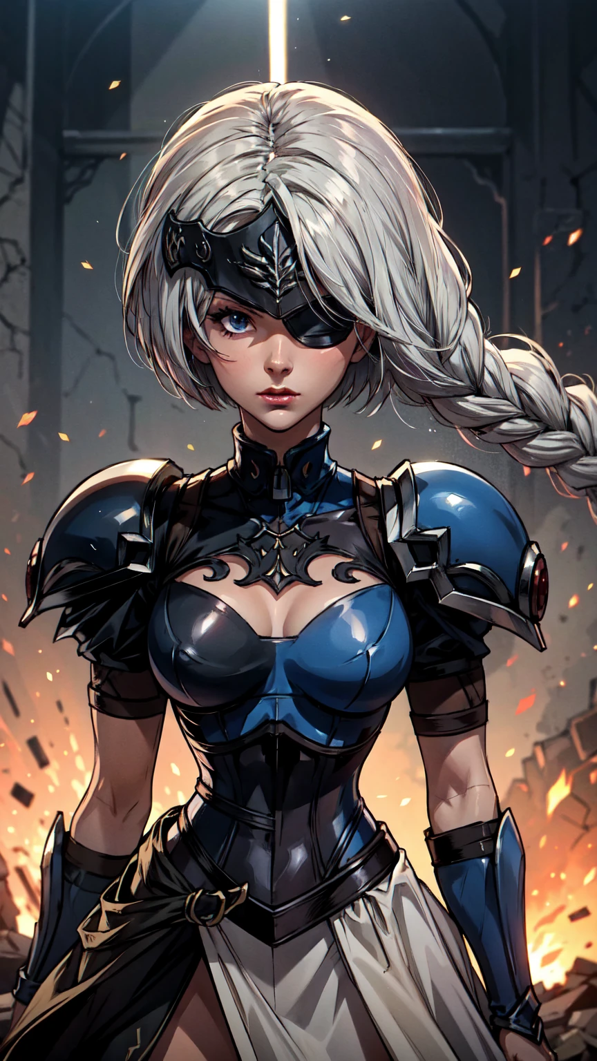 Highly detailed, High Quality, Masterpiece, beautiful,
BREAK 1girl, cowboy shot SplitScreen, split screen left, "2B", black micro skirt, black corset top, black blindfold over eye, white hair, (short bob cut), BREAK 1girl, cowboy shot, SplitScreen, split screen right, "Lenneth", blue plate armor, winged helmet, long white hair, (single braid),LennethVP, armored dress