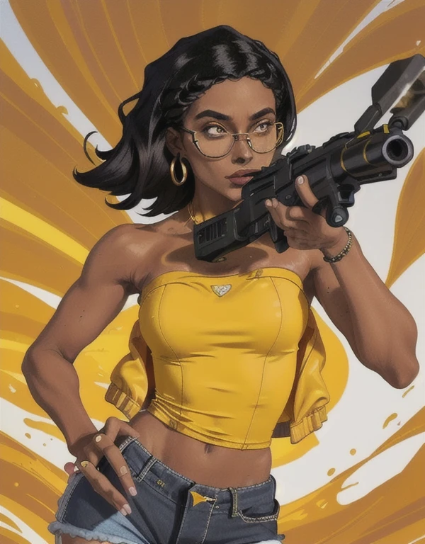 y2k, y2k based aesthetics, woman, black hair, short wavey hair, tanned bronze skin, yellow colored irises, opened jacket, white strapless tank-top, shorts, holding a gun
