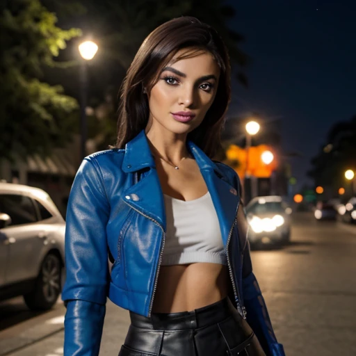 Best quality, realistic, from the front in first person,  on the streets of Los Angeles, (a female mexican Supermodel), (sexy blue leather jacket:1.1), split, seductive smile, (dark hair), (hairstyle:1.0), Perfect eyes, sharp parts, detailed face, face-makeup, cheeks turn red, Eyeliner, eyeshadow, lip gloss, leather pants, boots,  Supermodel, (Deep Focus), (hard lighting), (Night time), (realistic lighting:1.0)Груди, Открытый рот, Челка, Светлые волосы, Конский хвост, Серьги, Высокое разрешение, Краснеющий, Челка, Улыбаться, Открытый рот, Челка на глаза, Ювелирные изделия, Приоткрытые губы, 