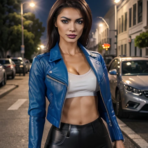 Best quality, realistic, from the front in first person,  on the streets of Los Angeles, (a female mexican Supermodel), (sexy blue leather jacket:1.1), split, seductive smile, (dark hair), (hairstyle:1.0), Perfect eyes, sharp parts, detailed face, face-makeup, cheeks turn red, Eyeliner, eyeshadow, lip gloss, leather pants, boots,  Supermodel, (Deep Focus), (hard lighting), (Night time), (realistic lighting:1.0)Груди, Открытый рот, Челка, Светлые волосы, Конский хвост, Серьги, Высокое разрешение, Краснеющий, Челка, Улыбаться, Открытый рот, Челка на глаза, Ювелирные изделия, Приоткрытые губы, 