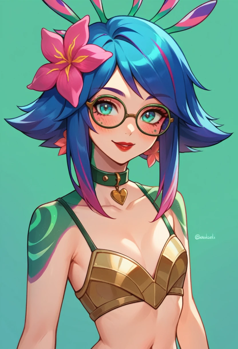 masterpiece, high quality, detailed background, neeko, with a pink and green bikini, pretty, non-bulgar, with heart-shaped glasses, beach background
