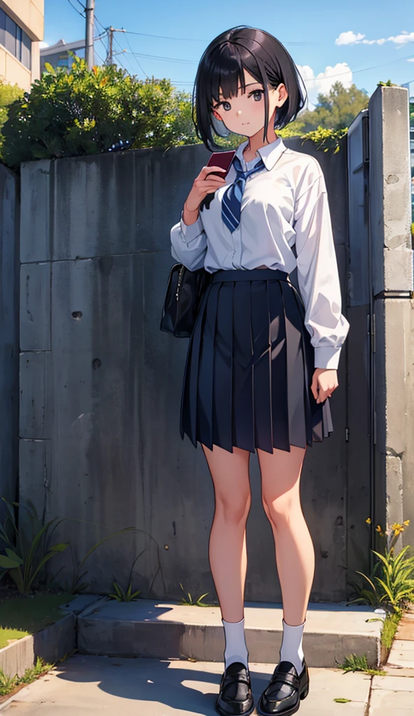 School,school gate,One beautiful girl,Stand leaning against a wall,Have a smartphone,Pleated skirt,Black socks,Short black hair,