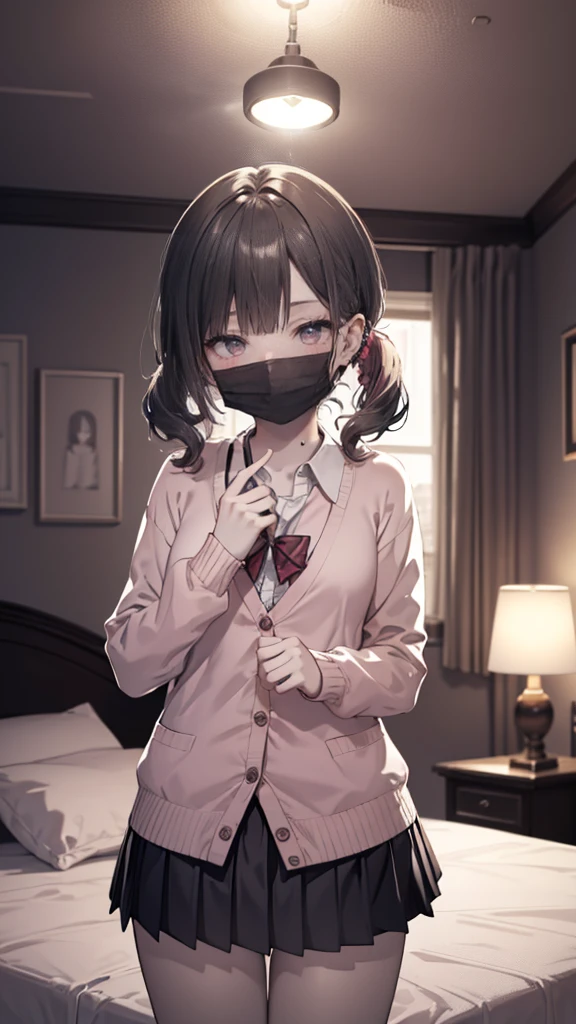 Living room Background, bloody, ????, school blazer, school uniform, surgical apron, medical gloves, surgical mask, 1girl, dark hair, 