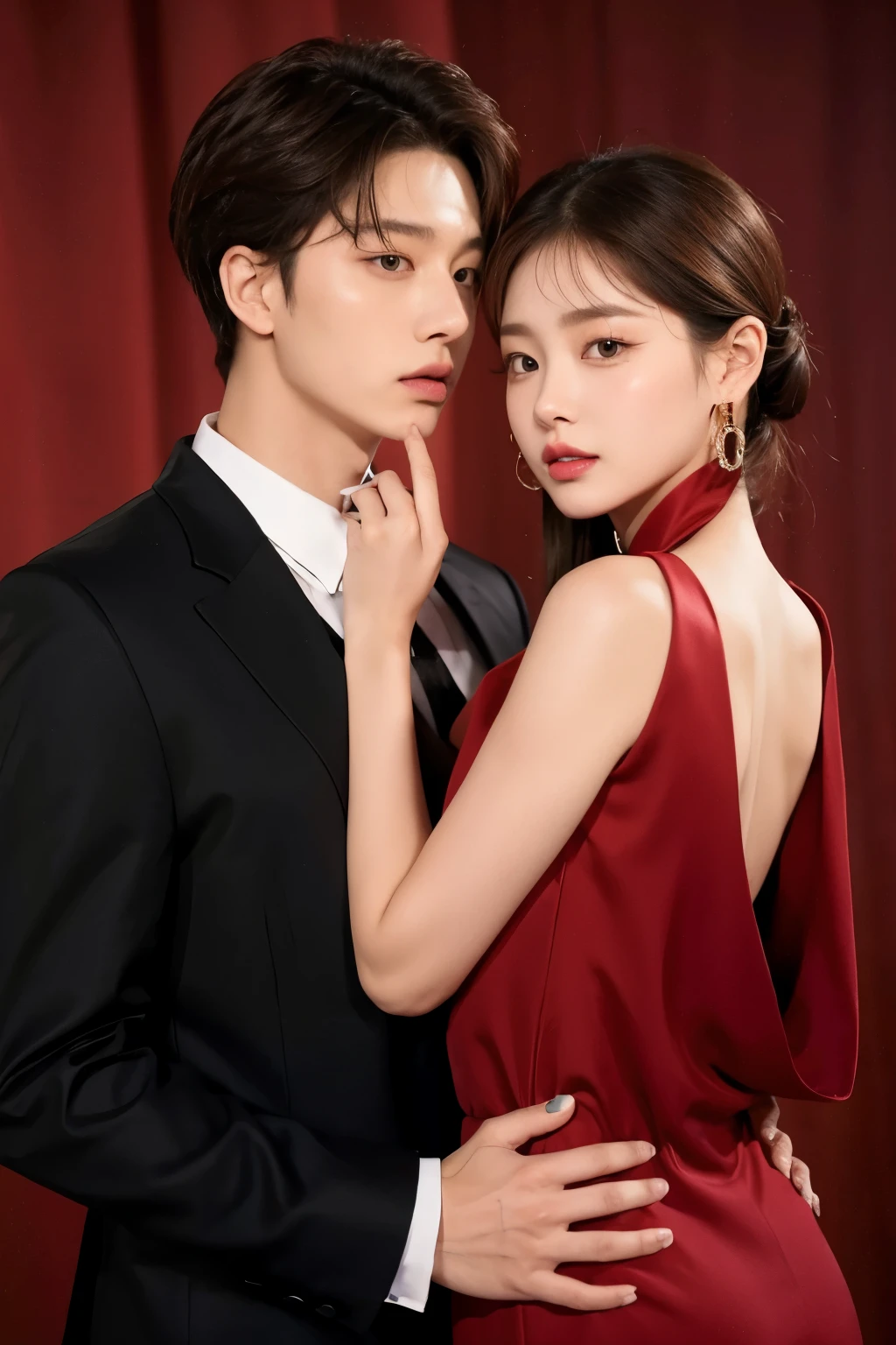 Araffa a un hombre y una mujer con un vestido rojo., Pose de pareja, Pareja encantaDora, Taejune Kim, Blackpink Jennie, Yanjun Chengt, Kim Doyoung, Fanart oficial, photo session, JIA, inspirado por Yanjun Cheng, por Jin Nong, suave en _ Los antecedentes, Humor rojo en el fondo, Inspirado por Jeonseok Lee, Artista coreano