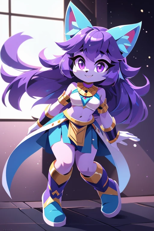 complete body, face perfect, cabelo roxo, Star Guardian, purple and cyan eyes, bright purple eyes, long eyelashes, cyan blue fur, cyan blue cat ears, ssmile doce,tummy,arms ,flegs ,waist,feet,boots casual adventurer outfit. purple and cyan hair, fake cat ears, light ssmile, ear flush,students shining, purple eyes, cyan eyes, ssmile, looking straight ahead, wide plan, 8k, best qualityer, High details, high resolution,egyptian clothing theme