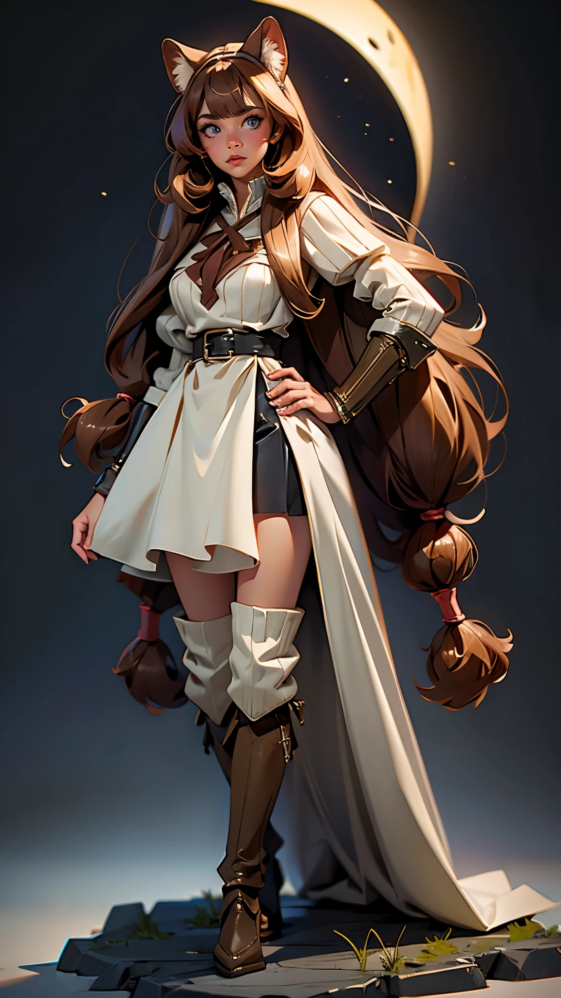 envision a 8k, highres, cinematic, beautiful full body Pinup of a sexy tribal woman with a slender muscular body, strong mature older face, (((long brown hair))), side locks, animal ears, animal tail, Raphtalia, long bangs, blue eyes, ((Maid armor)), leather skirt, long boots, tactical belt, ((((1girl)))), in dark lighting, against a dark gray background