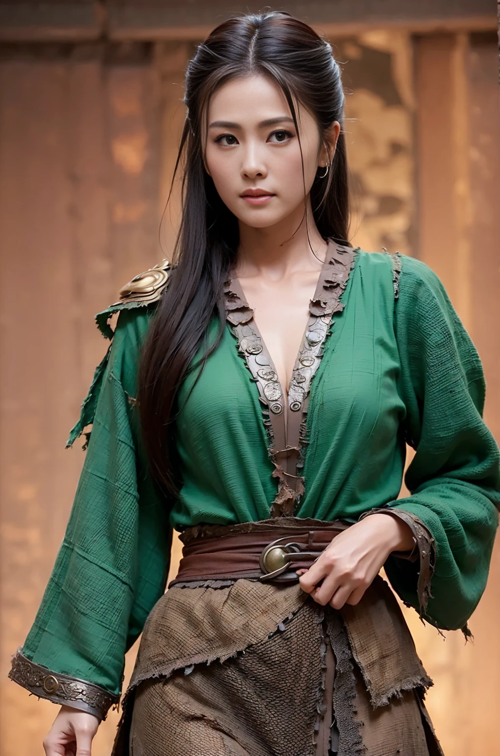 Female guan yu, fantasy theme, beautiful, huge eyes, cute, skinny, small waist, small hip, long straight hair, big saggy breasts:1.7, breasts sparred, realistic big breasts, nipples slipped:1.7, gigantic areolae, ancient armor, green and gold armor torn broken, ((intricate torn shirt, extremely detailed torn clothes, burnt clothes)), after battle, lost a battle, fire burning ancient China city, soft lighting, ultra details, realistic skin, masterpiece, 4k