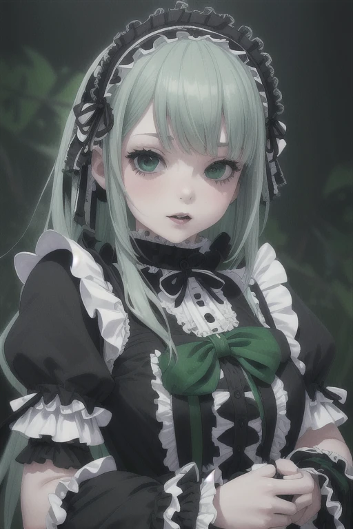 Digital Illustration, (Realistic:1.3),(RAW Photos.), (Tabletop,Highest quality,Ultra-high resolution output images,) (8K quality,),(Picture Mode Ultra HD,),(Picture Mode Ultra HD)Black Gothic Lolita Fashion(((Frilly Goth　With white frills　Midori&#39;s short bob、mosquito))),Bikini CowGirl bluehair,yuri, kiss